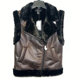 Dark Brown & Black Faux Fur Double-Faced Suede Motorcycle Vest
